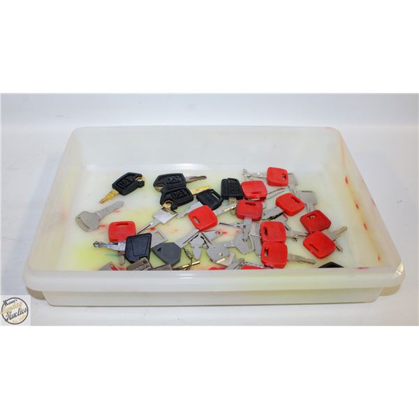 TRAY OF ASSORTED EQUIPMENT KEYS, JOHN DEERE, CAT,