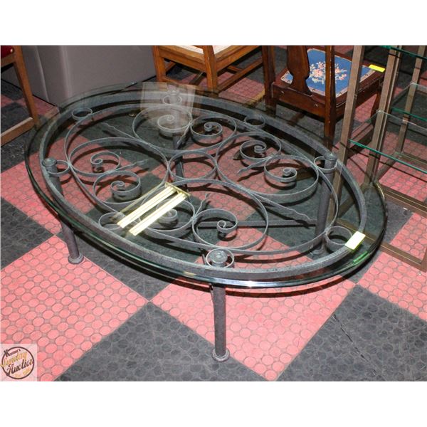 CAST IRON + TEMPERED GLASS TOP OVAL COFFEE TABLE