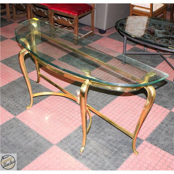 GLASS TOP BRASS HALL TABLE - HAS A WOBBLE H-26.5"