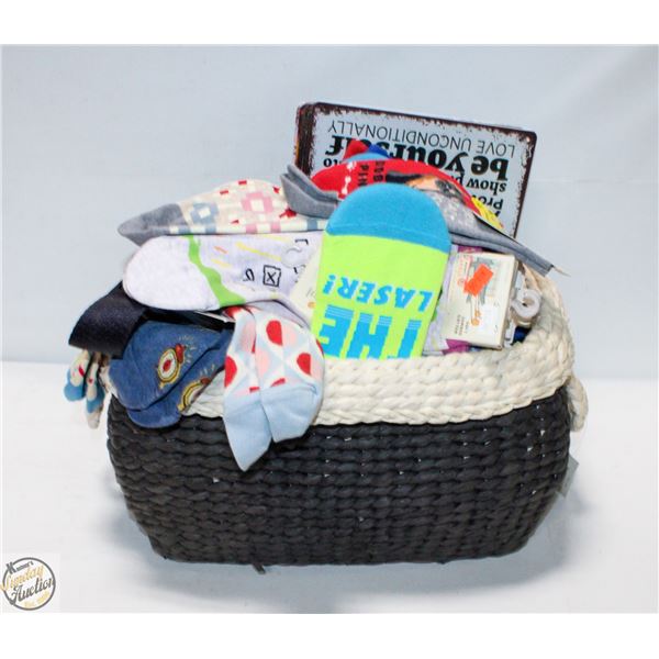 WOVEN BASKET FULL OF NEW SOCKS AND SIGNS