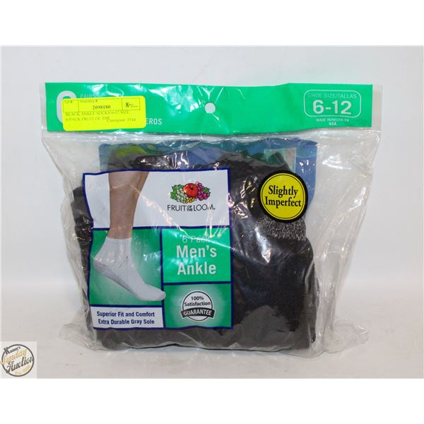 BLACK ANKLE SOCKS 6-12 SIZE 6-PACK FRUIT OF THE