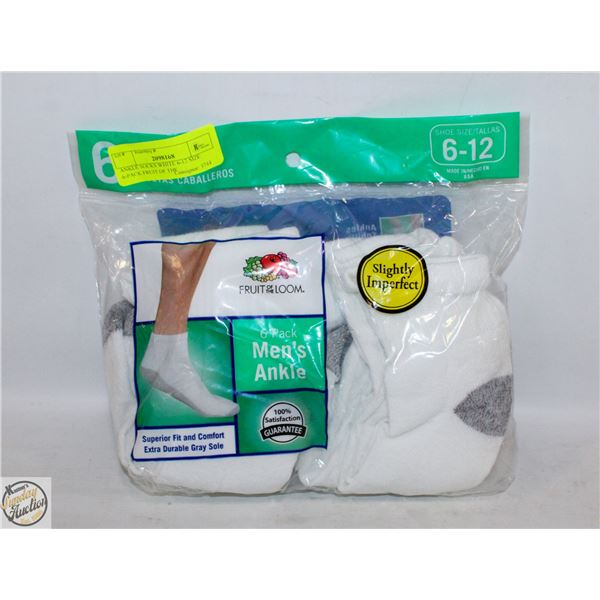 ANKLE SOCKS WHITE 6-12 SIZE 6-PACK FRUIT OF THE
