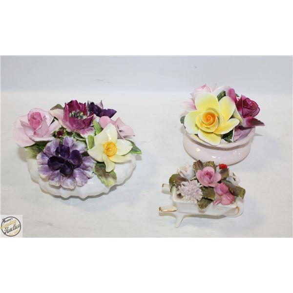 FLAT OF 3 BONE CHINA FLOWER ORNAMENTS