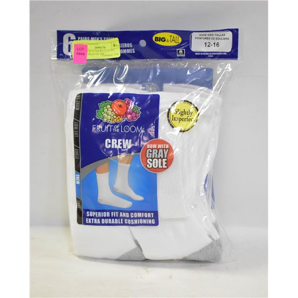 WHITE CREW SOCKS 12-16 SIZE 6-PACK FRUIT OF THE