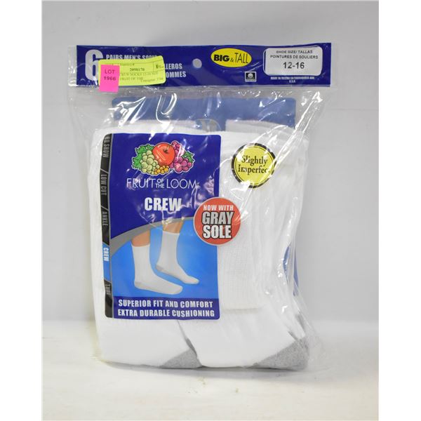 WHITE CREW SOCKS 12-16 SIZE 6-PACK FRUIT OF THE