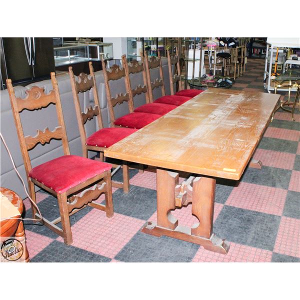 6 RED CUSHION CHAIRS AND TABLE 32" X 86.5"