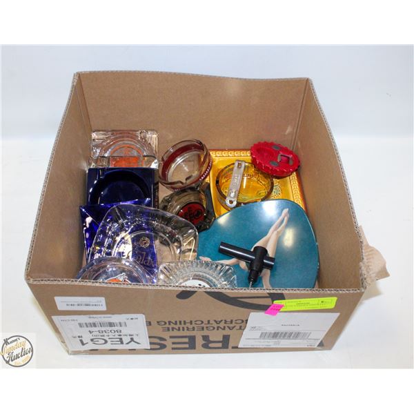 BUNDLE OF VARIOUS ASHTRAYS + BOTTLE