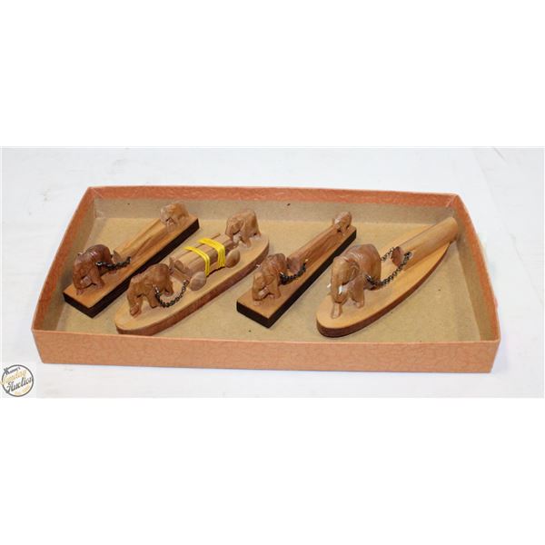 4 HAND CARVED WOODEN ELEPHANT HAULING CARGO-