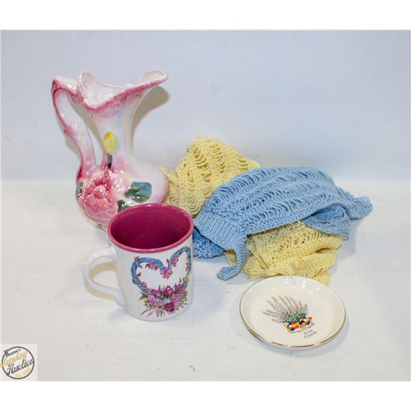 HANDMADE DOILIES + CERAMIC ASHTRAY,