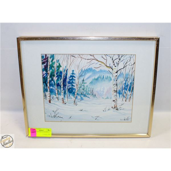 FRAMED WATERCOLOUR BIRCH TREES IN