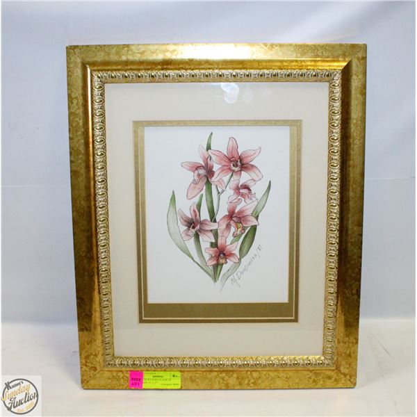 FRAMED WATERCOLOUR OF ORCHIDS 14” x 17”