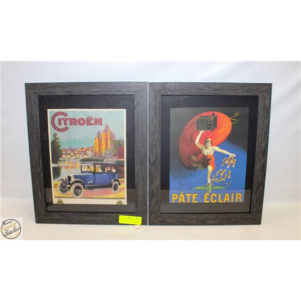 TWO FRAMED PRINTS 1920s ADVERTS 13” x 16”