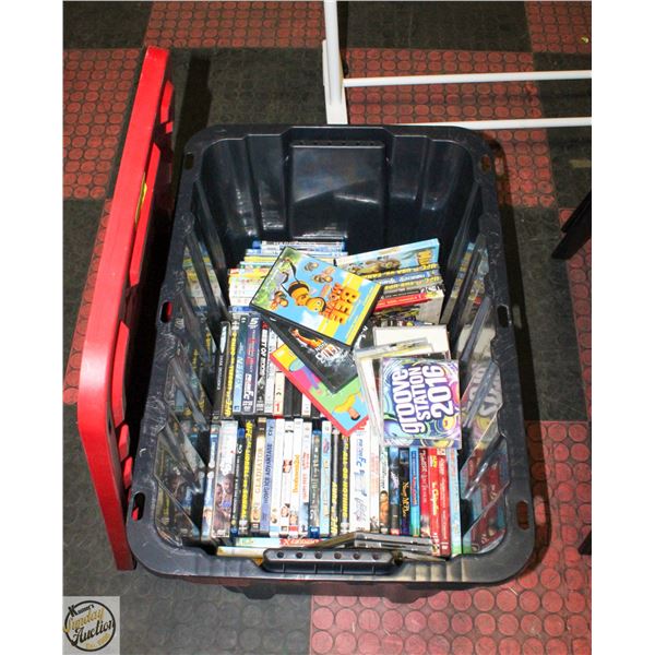 LIDDED 102L TOTE WITH ASSORTED DVDS/CDS