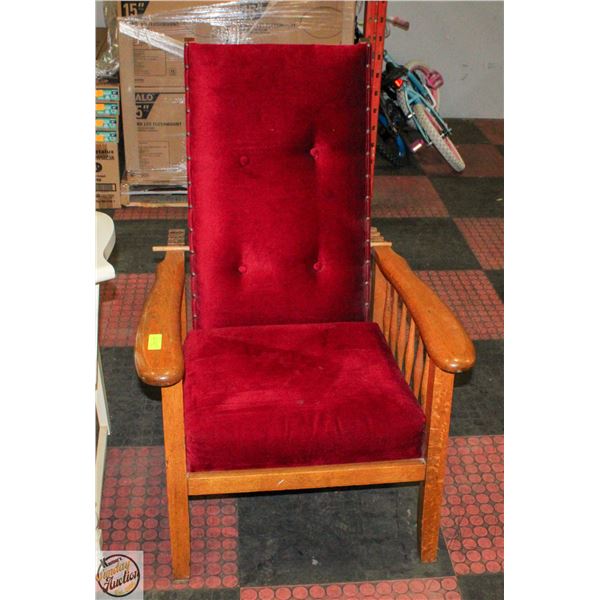 VINTAGE RECLINING OAK CHAIR WITH RED