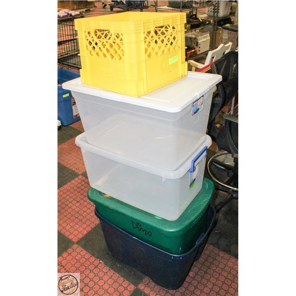 4 STORAGE TOTE + PLASTIC STORAGE CRATE