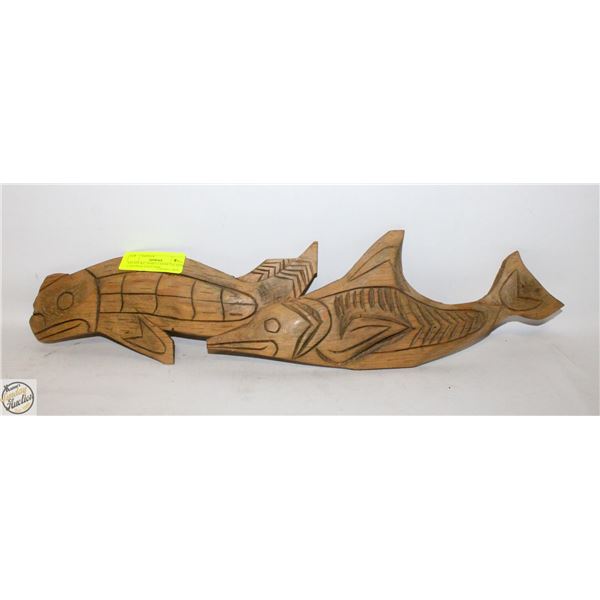 ESTATE B.C. HAIDA CEDAR SALMON CARVINGS TOGETHER