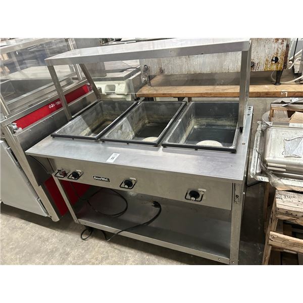 Serve Well Electric 3 Comp Steam Table w/Sneeze Guard Over/Under Shelves