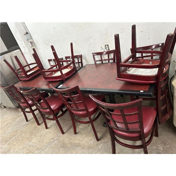 Maroon/Black Trim Pedestal Dining Table -2 w/11 Chairs
