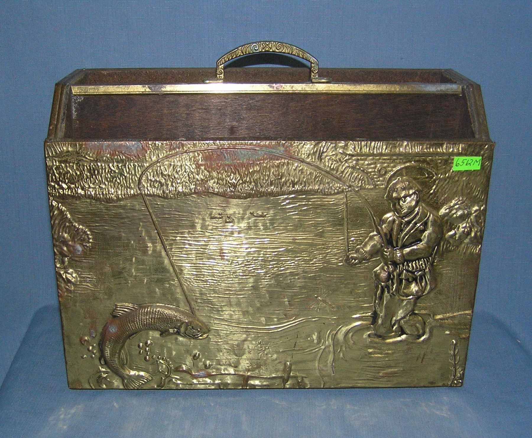 Fish Magazine Rack Antique brass and wood fishing themed magazine holder