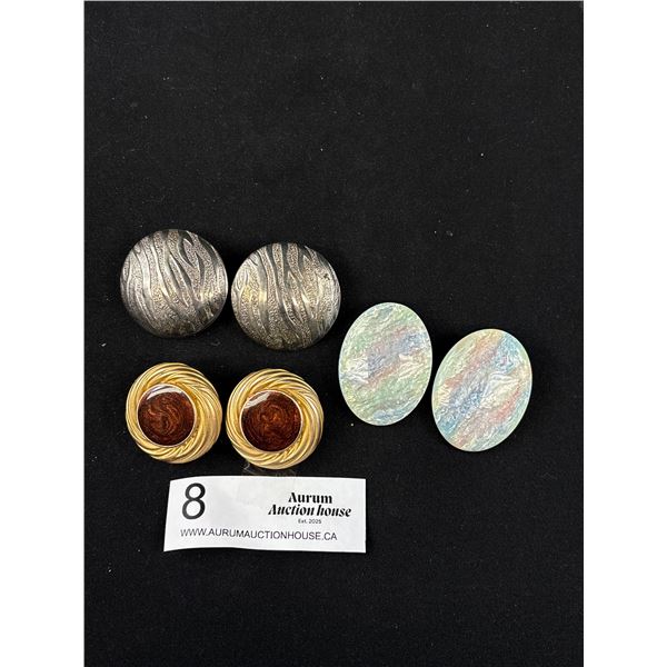 3 Pairs Vintage Statement Button Clip On Earrings - Gold Pair Marked Made In USA