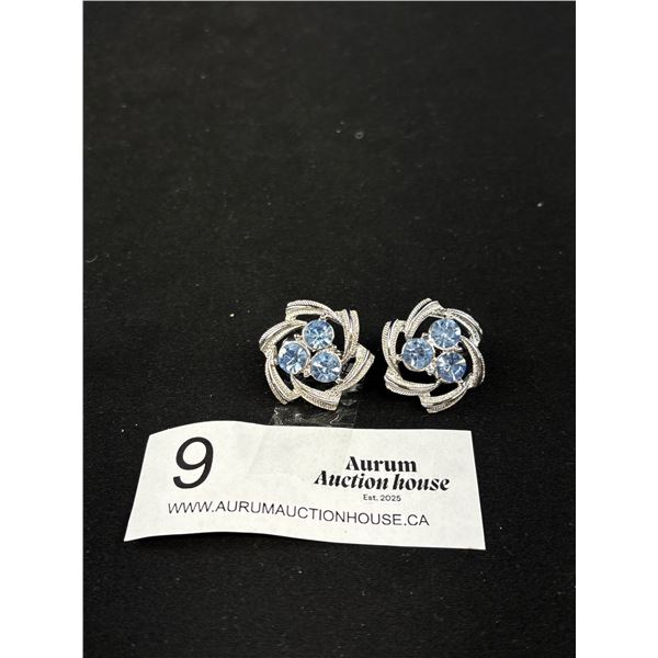 Vintage 50's Signed Coro Blue Rhinestone Silver Flower Vortex Pin Wheel Clip On Earrings