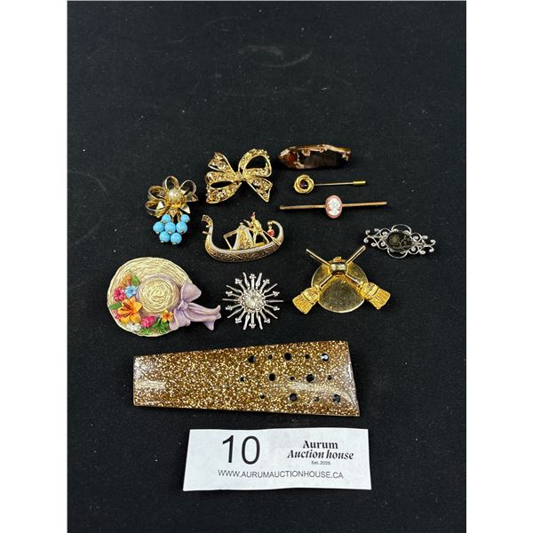 9 Vintage Brooches 1 Stick Pin, 1 Pin
