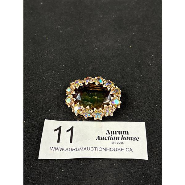 Vintage Superior Quality Large Ametrine Glass Surrounded By Prong Set AB Rhinestones 1.5"