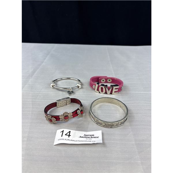 4 Assorted Lot Of Bracelets, 2 Silver Bangles 1 Signed Basic Spirit Canada, 2 Leather 1 Marked BCB G