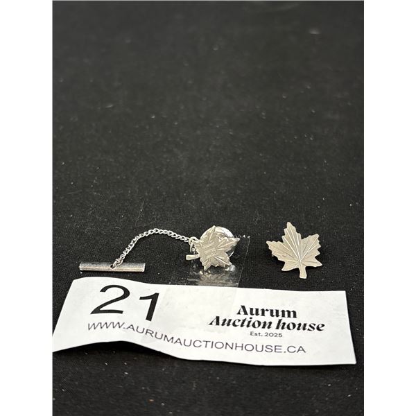 2  - 925 Sterling Silver Maple Leaf Brooch & Tie Pin - Marked & Tested