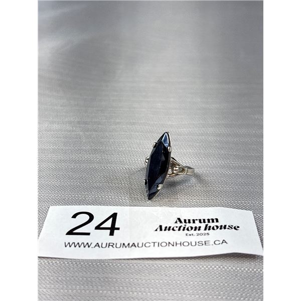 925 Sterling Silver Black Alaskan Diamond 1 1/8" Marquise Ring Size 6.75 - Marked & Tested