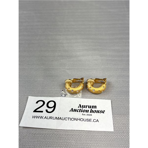 Vintage Signed Swarovski Brushed Gold Tone With Crystals Clip On Earrings