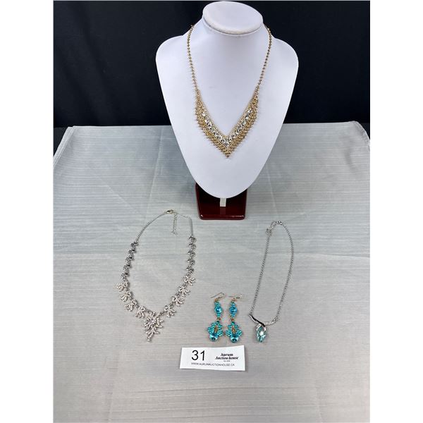 4 Pairs Of Vintage Rhinestones 3 necklaces 