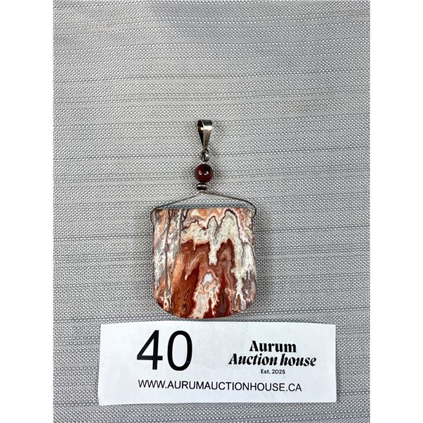 925 Sterling Silver Creek Jasper Pendant - 2.5" Drop, 1.5" Across - Marked & Tested
