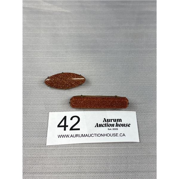 2 Antique Goldstone Bar Pins/Brooches Both Have "C" Closures - 1.75" & 1.5"