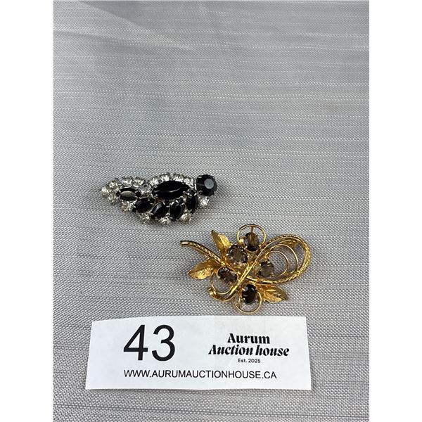 2 Vintage Prong Set Brooches - Smokey Glass & Rhinestone - 2" & 1.75"