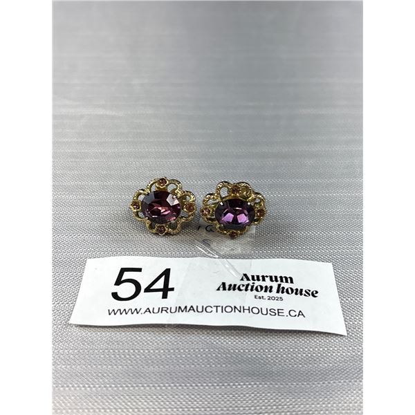 Signed Coro Gold Tone & Purple Rhinestone Screwback Earrings