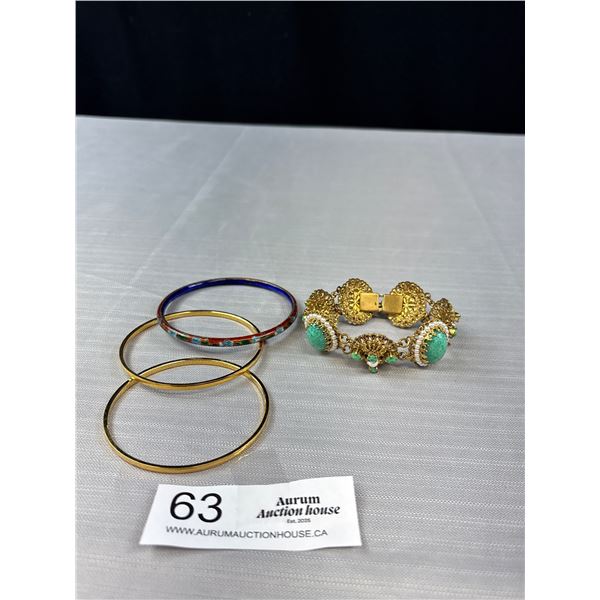 Assorted Lot Of 4 Vintage Bangle Bracelets -Brass Enameled Cloisonne & Filigree Panel ++