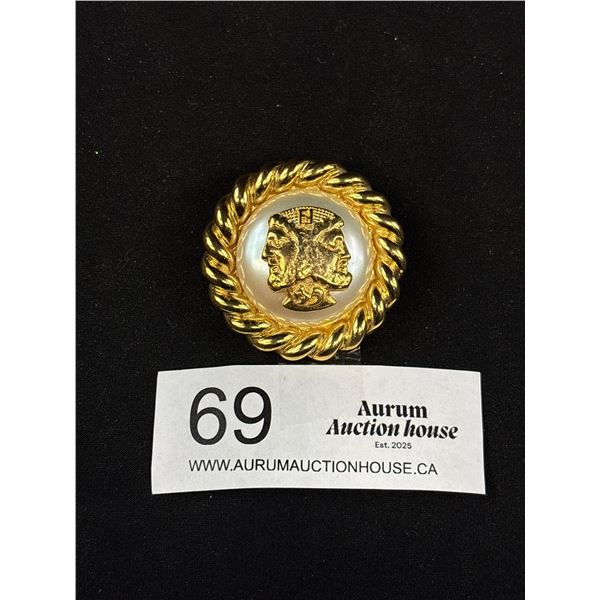 Vintage Signed Fendi Gold Tone Brooch/Pin Roman Lion Head On Faux Pearl Rope Setting - 1.75" Across