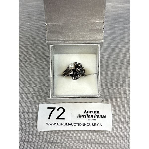 Vintage Genuine Troll Bead Organicaly Shaped 925 Sterling Silver Ring With Real Pearl - Size 7 -