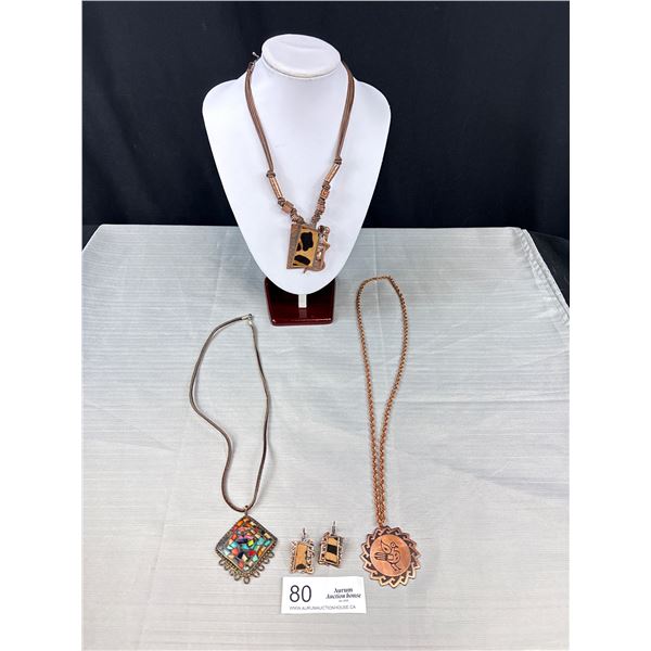 4 Piece Copper Lot - Signed Brutausf Necklace & Earrings, Mosaic Pendant On Leather Strap & Bird Pen