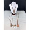 Image 1 : 4 Piece Copper Lot - Signed Brutausf Necklace & Earrings, Mosaic Pendant On Leather Strap & Bird Pen