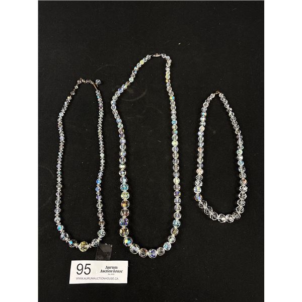 3 Vintage Arora Borealis Crystal Beaded Necklaces -  Two Have Graduated Beads - 16", 22" & Adj 20"