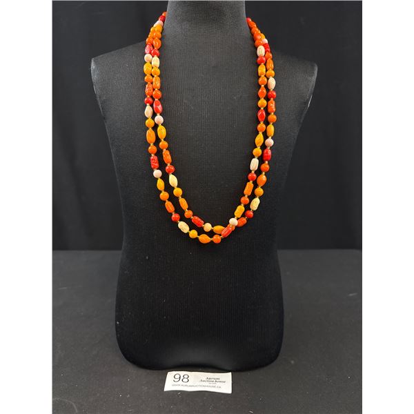 1930's Vibrant Orange Red Art Deco Czech Max Neiger Molded Gass Necklace Extra Long 49.5"