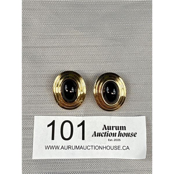 Vintage Signed Christian Dior Black Cabochon Gold Tone Clip On Earrings Pat. # 2733491 - Excellent C