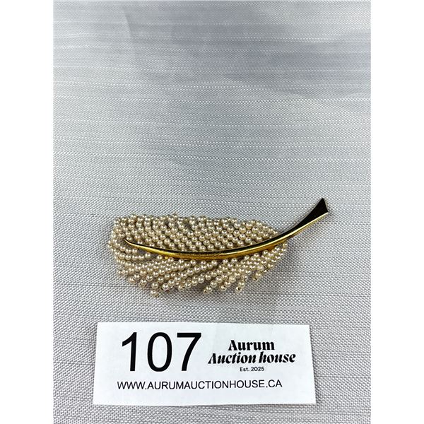 Vintage 60's Seed Pearl Feather Gold Tone 3" Brooch