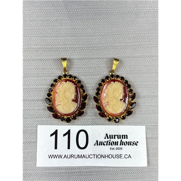 2 Vintage Czech Glass Garnet Cameo Pendants