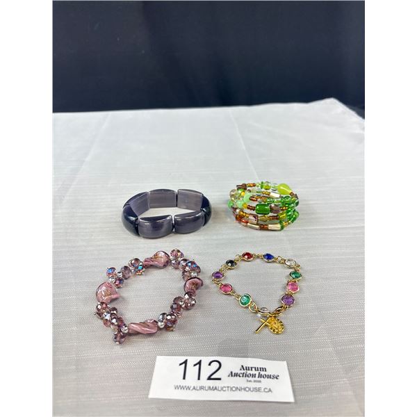 Lot Of 3 Beaded Shell, Glass, Crystal Bracelets & Religious Piece