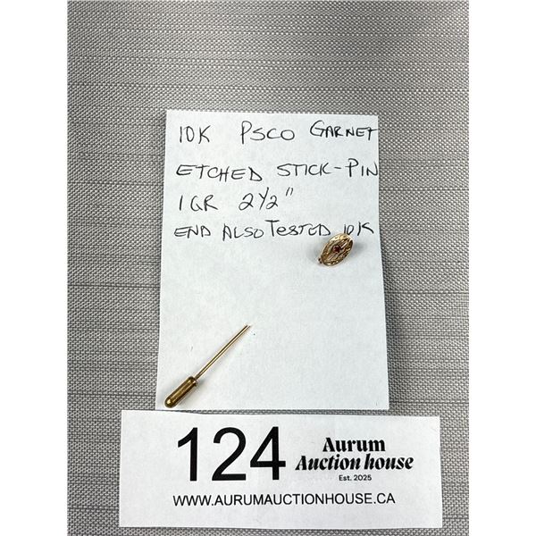 10k Signed PSCO 10K - Garnet Etched Stick Pin 1 Gram - Fastener Also Tested 10K