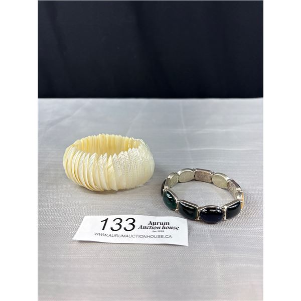 2 Vintage Stretch Bracelet Lot - One Signed LC For Liz Claiborne - Other Is A Chunky MOP Shell