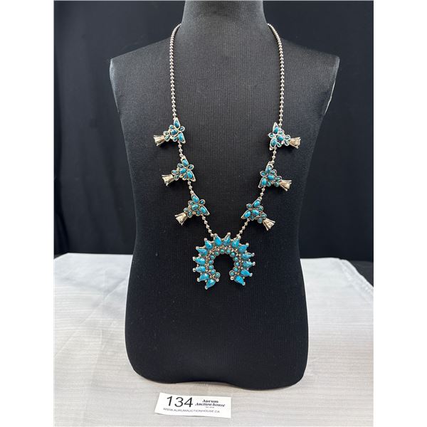 Silver Tone Squash Blossom Necklace 24" Long With A 2" Drop